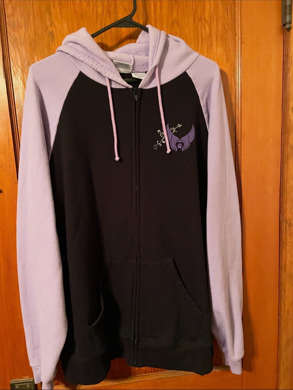Black and Lavender Zip-Up Hoodie with Winged Heart Graphic